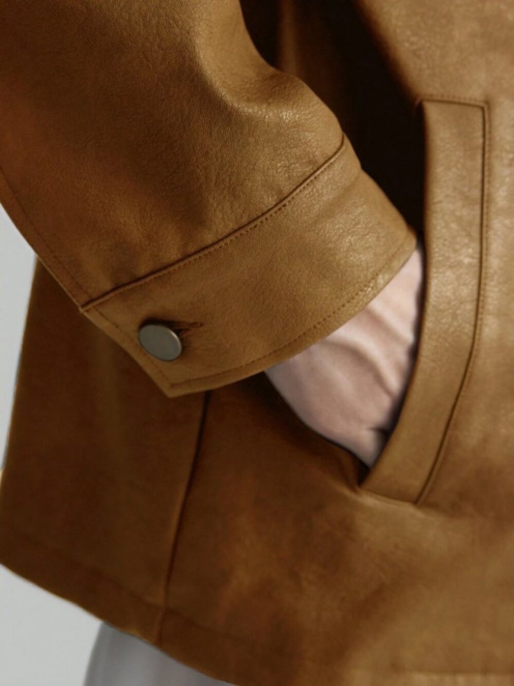 Camel Faux Leather Snap Front Jacket with Flap Pockets - Picture 9 of 9